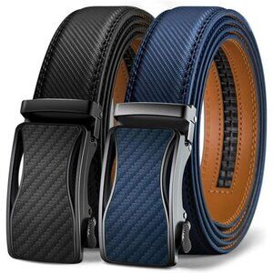 Mens Leather Ratchet Belt Adjustable Slide Buckle Dress Casual Belt 2 Pack